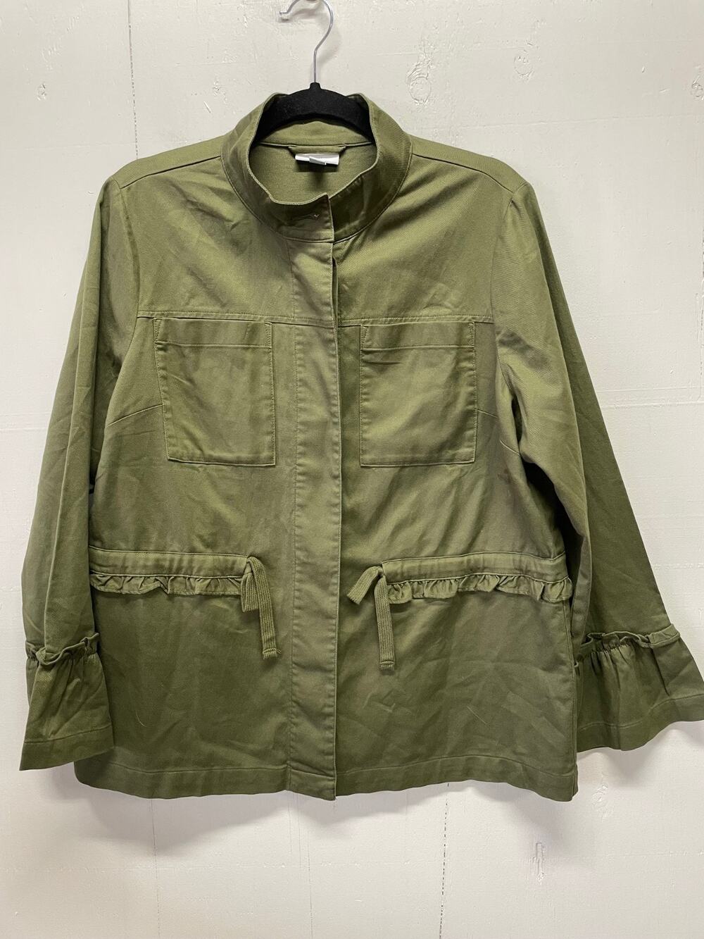 J Jill Lightweight Women's Army Green Jacket Size Medium Ruffles on Waist Sleeve